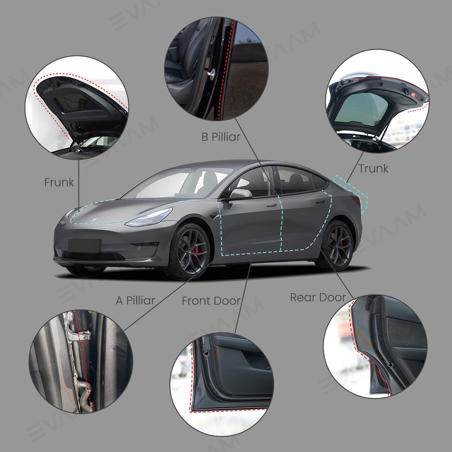 EVAAM® Car Door Seal Strip Kit Soundproof Rubber for Tesla Model S/3/X/Y - EVAAM