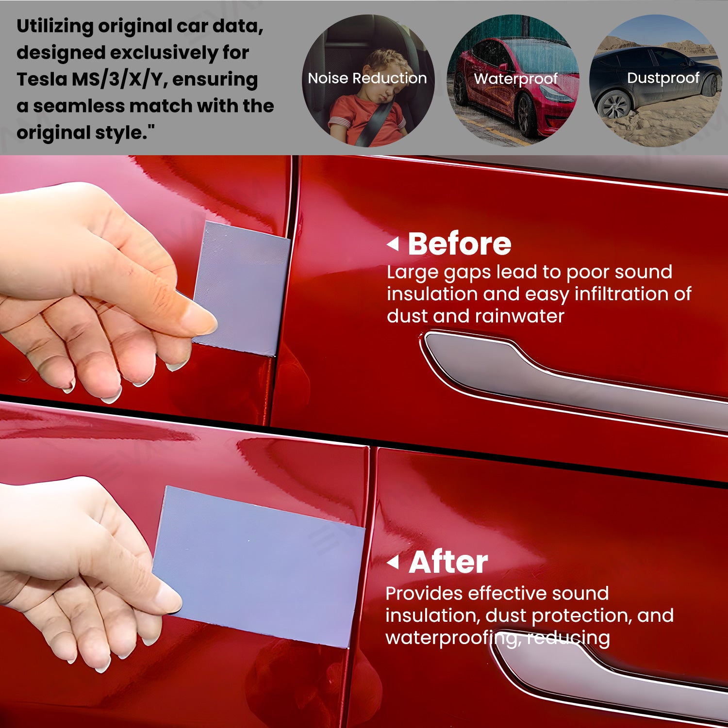 EVAAM® Car Door Seal Strip Kit Soundproof Rubber for Tesla Model S/3/X/Y - EVAAM