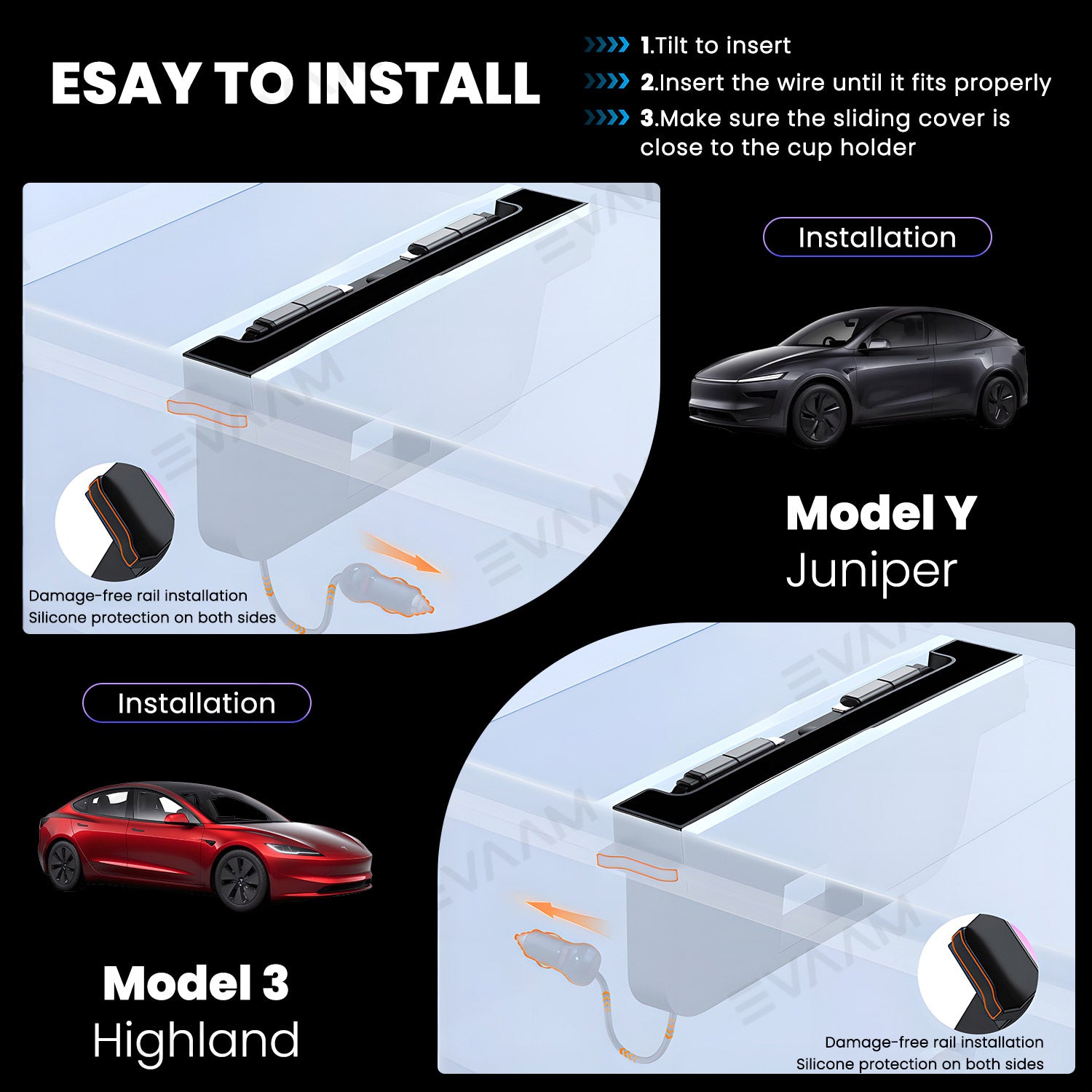 EVAAM® USB HUB Center Console Adapter Docking Station With Ambient Light for Model Y Juniper/Model 3 Highland - EVAAM