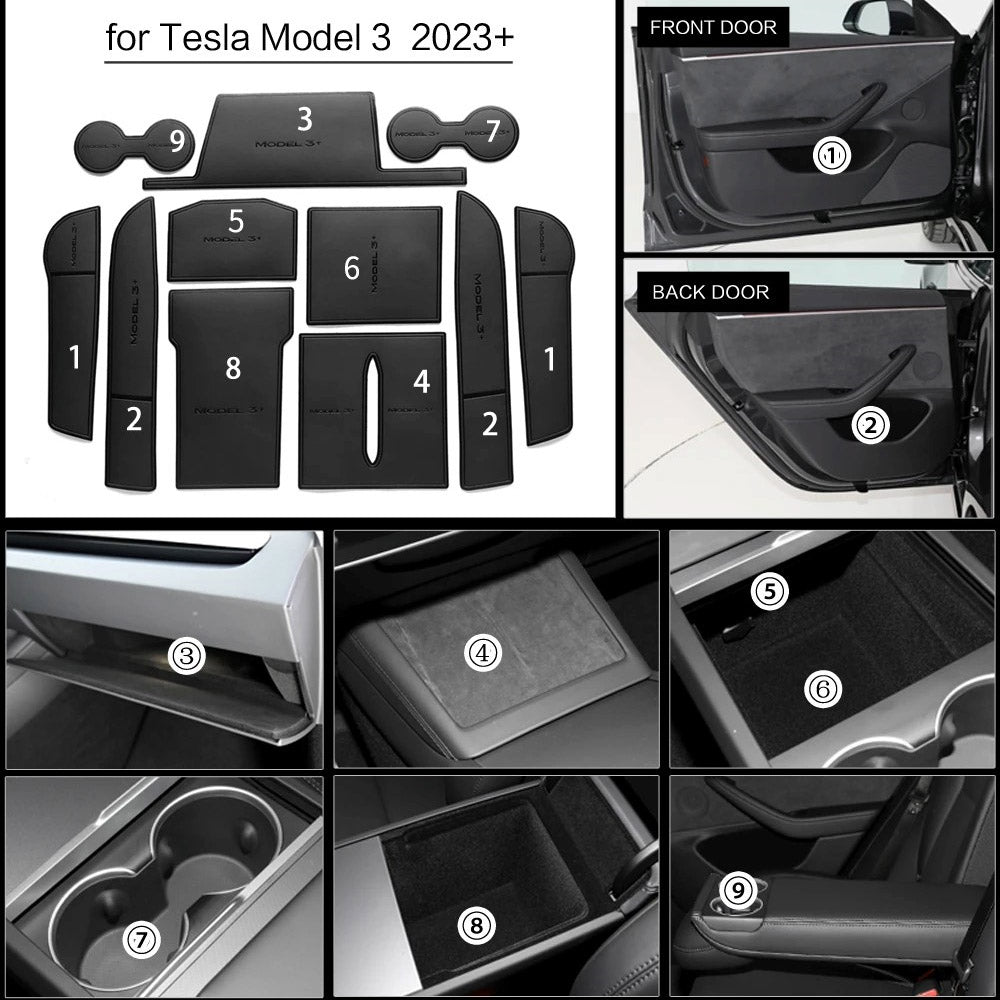 Leather Door Slot Mats Dust Mats Non-Slip Cup Holder Pad for Model 3 Highland (11PCS )