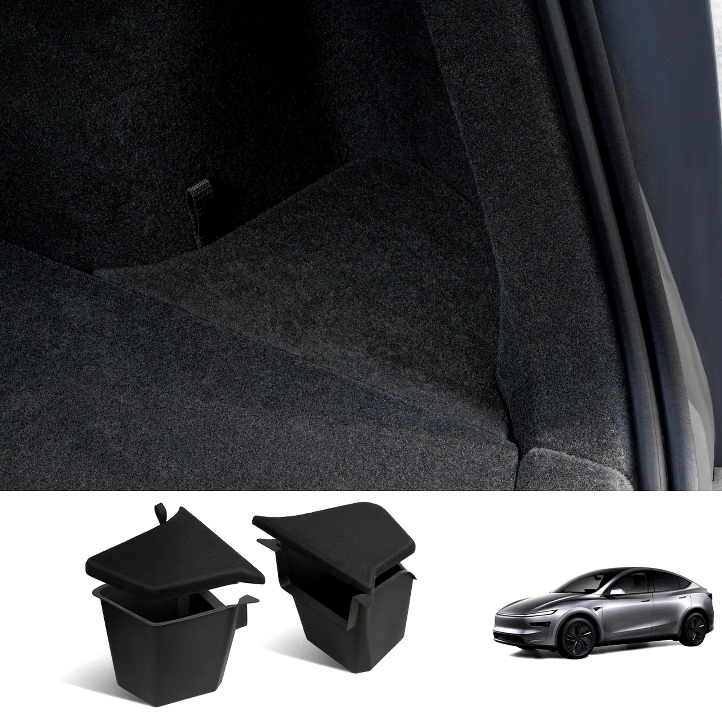 EVAAM® Bespoke Rear Trunk Side Organizers for Tesla Model Y 2025+ (Juniper) – Premium TPE Storage Set with Seamless Velvet Lids - EVAAM