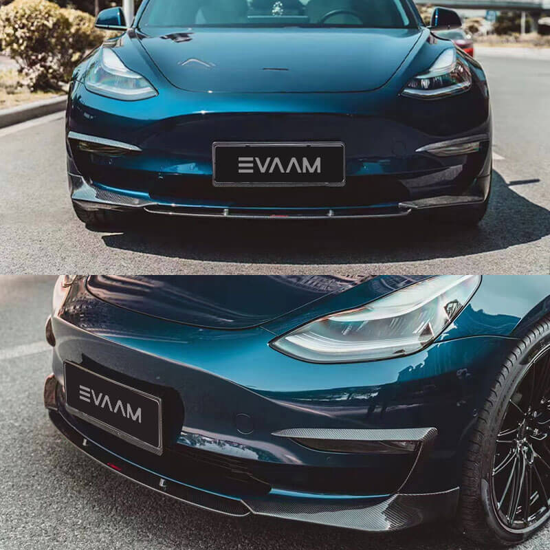 EVAAM™ Gloss Real Carbon Fiber Front Bumper Lip Kit for Model 3 2017-2023 - EVAAM