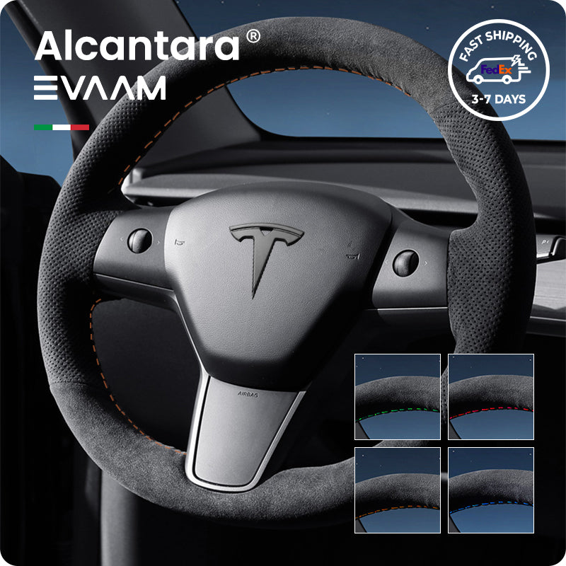 Alcantara Tesla Hand Stitch Steering Wheel Cover for Model 3/Y (2017-2023) - EVAAM®