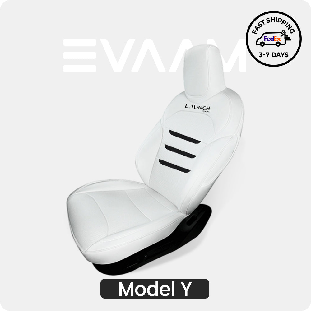 EVAAM® Nappa Leather Full Seat Cover for New Tesla Model Y Juniper 2025+ (3-Lined Insignia With Launch Series Embroidery Logo) - EVAAM
