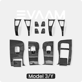 EVAAM® Gloss Carbon Fiber Trim Window & Door Button Switch Trim Cover Kit for Model 3/Y (2017-2023)