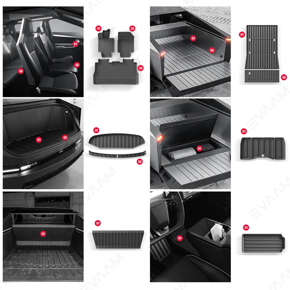 EVAAM® Floor Mats for Tesla Cybertruck TPE Cargo Liner Cargo Trunk Accessories (Full Floor Mat Kit Set)