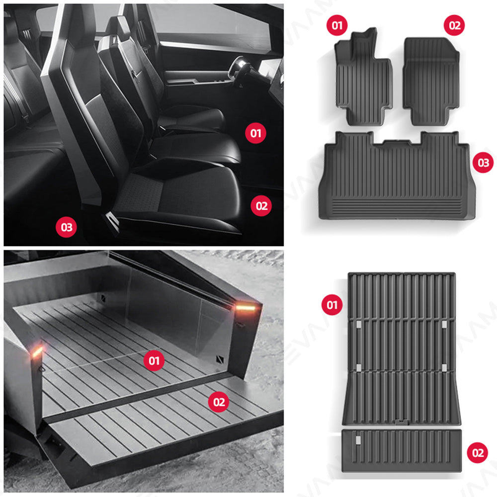 EVAAM® Floor Mats for Tesla Cybertruck TPE Cargo Liner Cargo Trunk Accessories (Full Floor Mat Kit Set)