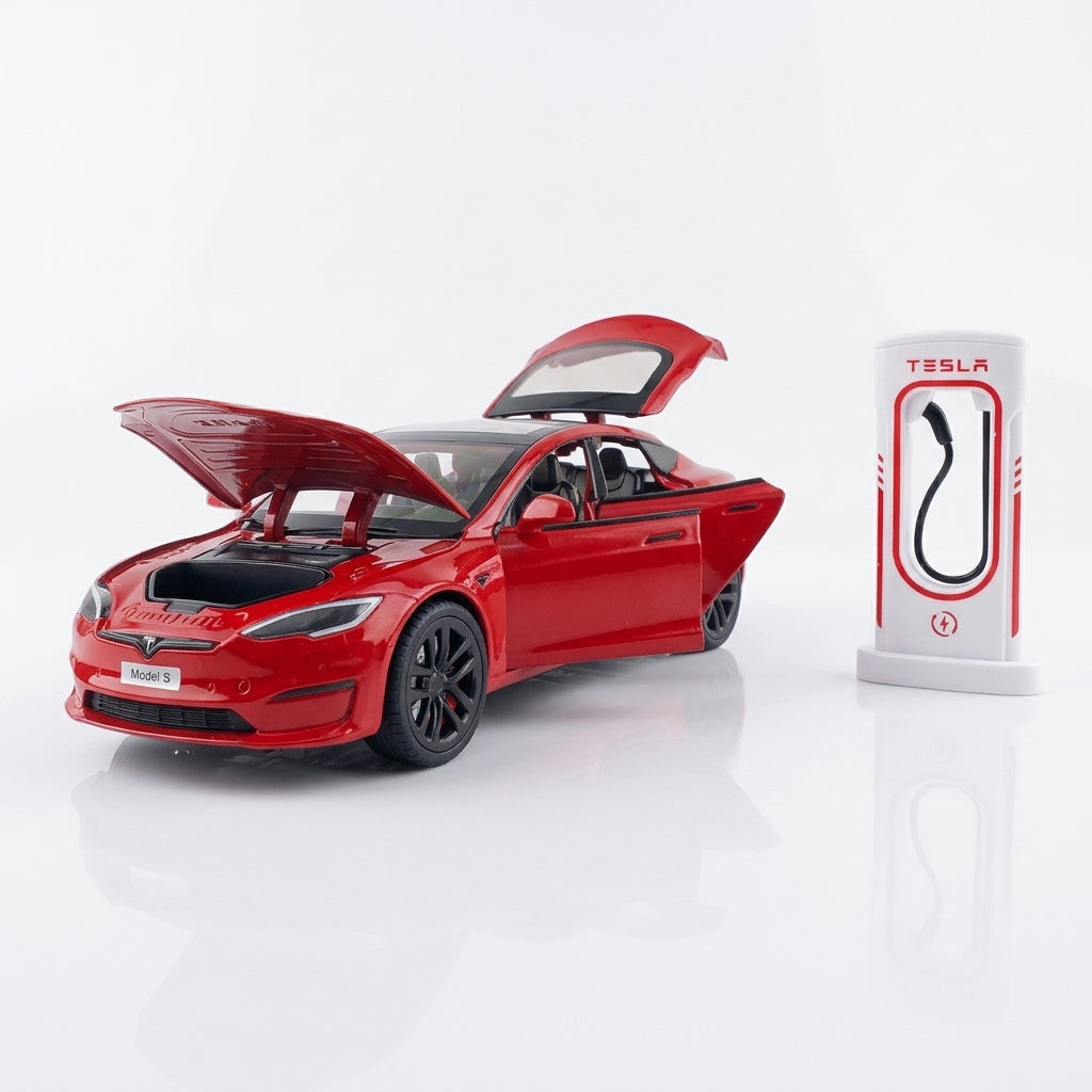 EVAAM® 1:24 Tesla Roadster Diecast Model Car With Charging Pile