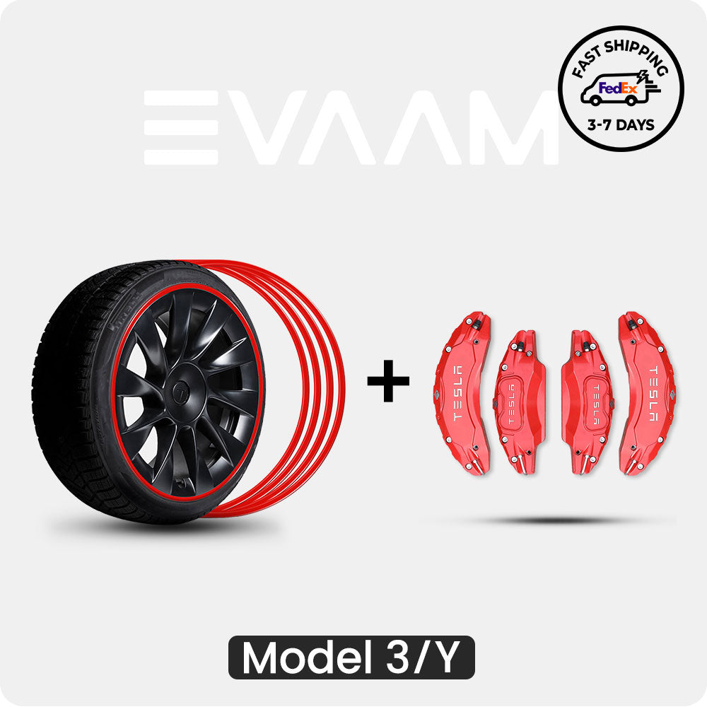 EVAAM® Aluminum Alloy Wheel Rim Protector (4 PCS) + Caliper Covers (4PCS) For Tesla Model 3/Y - EVAAM