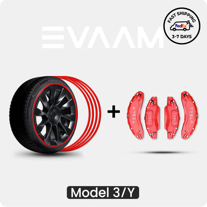EVAAM® Aluminum Alloy Wheel Rim Protector (4 PCS) + Caliper Covers (4PCS) For Tesla Model 3/Y - EVAAM