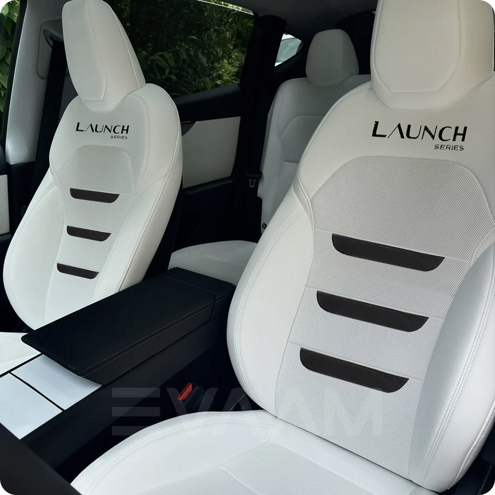 EVAAM® Nappa Leather Full Seat Cover for New Tesla Model Y Juniper 2025+ (3-Lined Insignia With Launch Series Embroidery Logo) - EVAAM