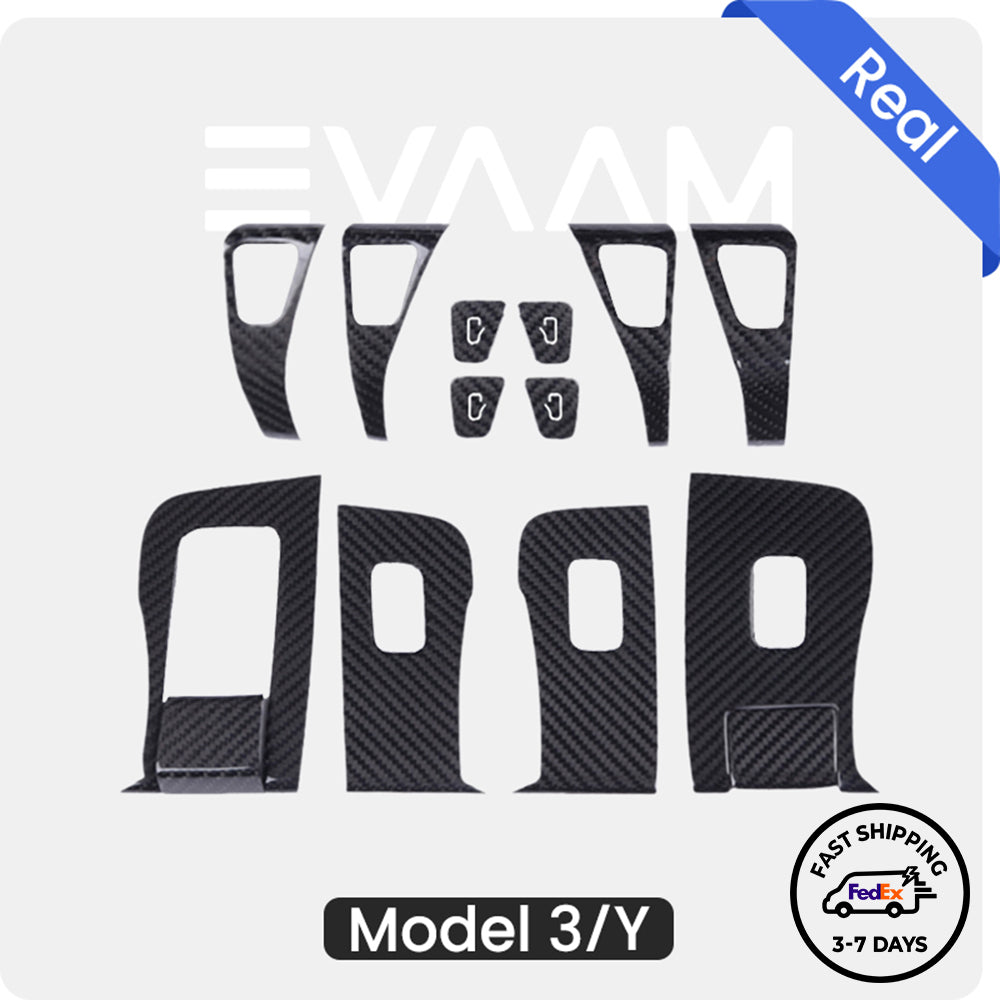 EVAAM® Gloss Real Carbon Fiber Window & Door Button Switch Trim Cover Kit (14Pcs) for Model 3/Y (2017-2023) - EVAAM