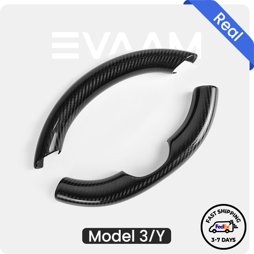 EVAAM® Gloss Real Carbon Fiber Steering Wheel Caps Cover for Tesla Model 3/Y (2017-2023)