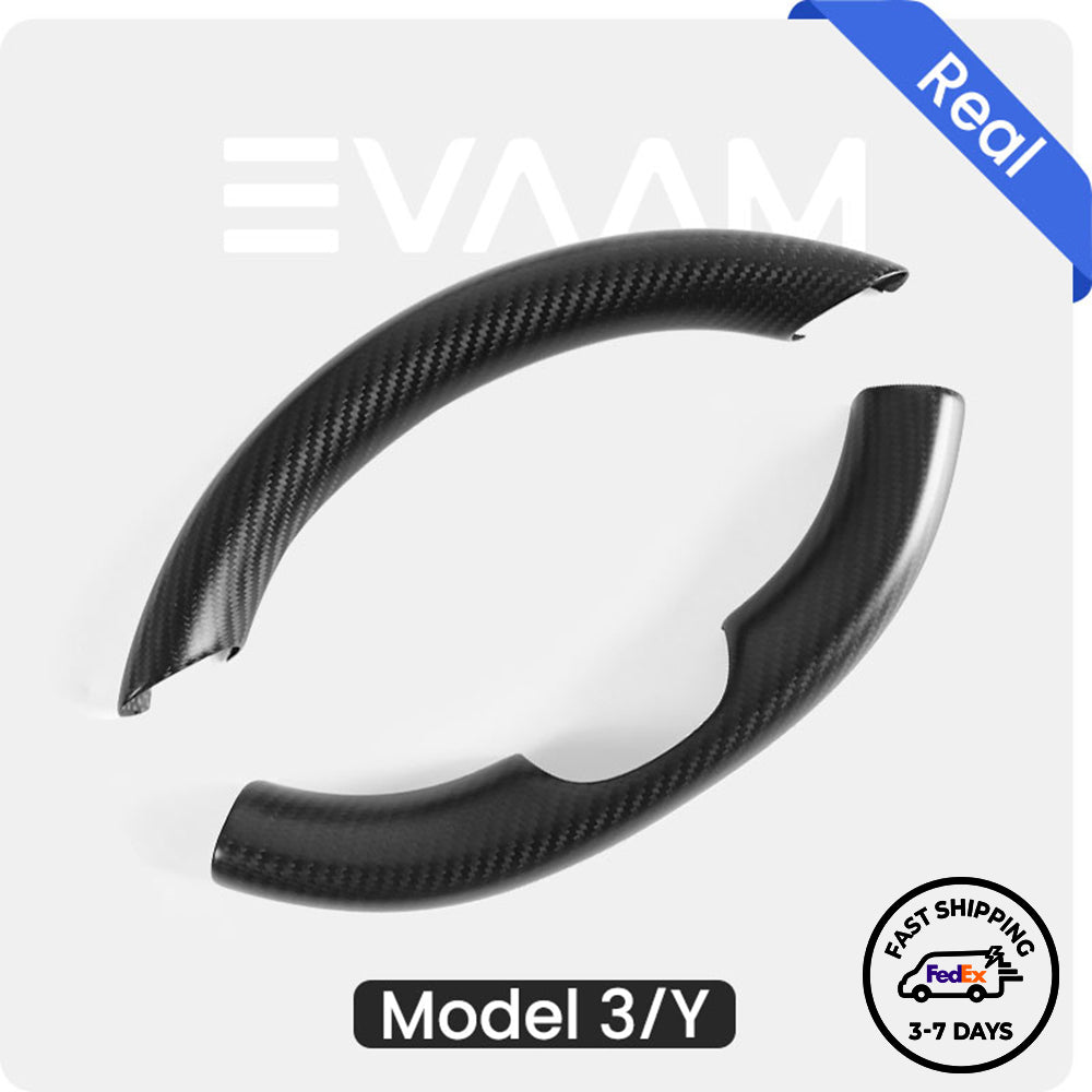 EVAAM® Matte Real Carbon Fiber Steering Wheel Caps Cover for Tesla Model 3/Y (2017-2023) - EVAAM