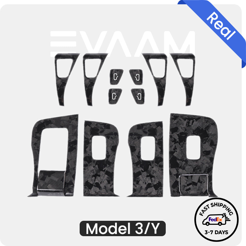 EVAAM® Forged Real Carbon Fiber Window & Door Button Switch Trim Cover Kit (14Pcs) for Model 3/Y (2017-2023)