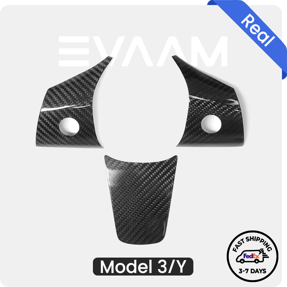 EVAAM® Glänzendes Echtkarbonfaser-Lenkradhüllen-Set für Tesla Model 3/Y (2017–2023).