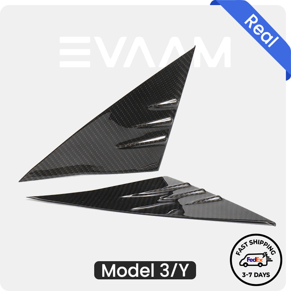 EVAAM® Hochglänzende, dreieckige Fensterabdeckung aus echtem Karbon für die Vorderseite des Tesla Model 3/Y (2017–2023).