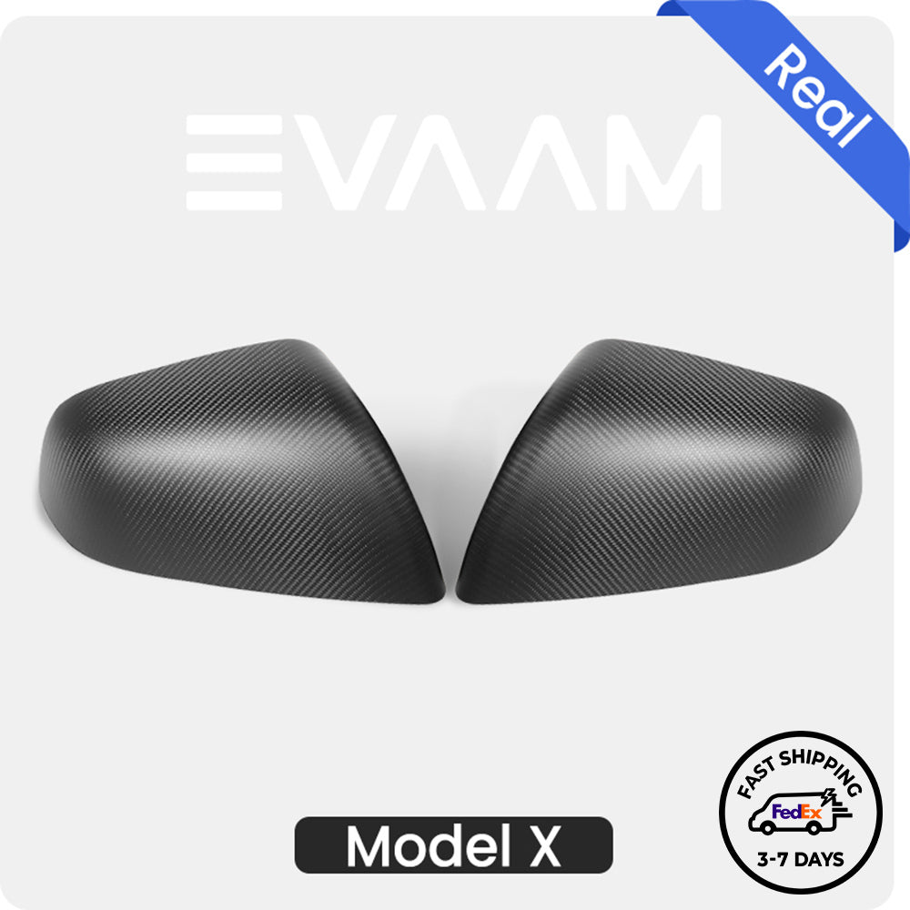 EVAAM® Matte Echtkarbonfaser-Seitenspiegelabdeckung für Tesla Model X (2016–2023).