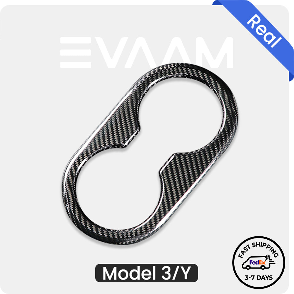 EVAAM® Glänzende Echtkarbonfaser-Abdeckung für Rücksitz-Getränkehalter für Modell 3/Y (2017–2023).